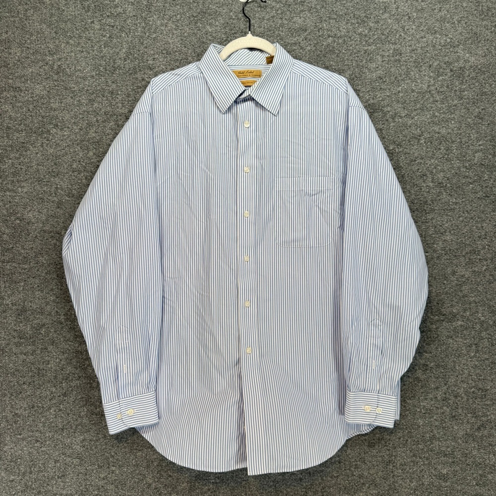 Roundtree & Yorke Button Up Shirt Men Large Blue Striped Non-Iron Gold Label